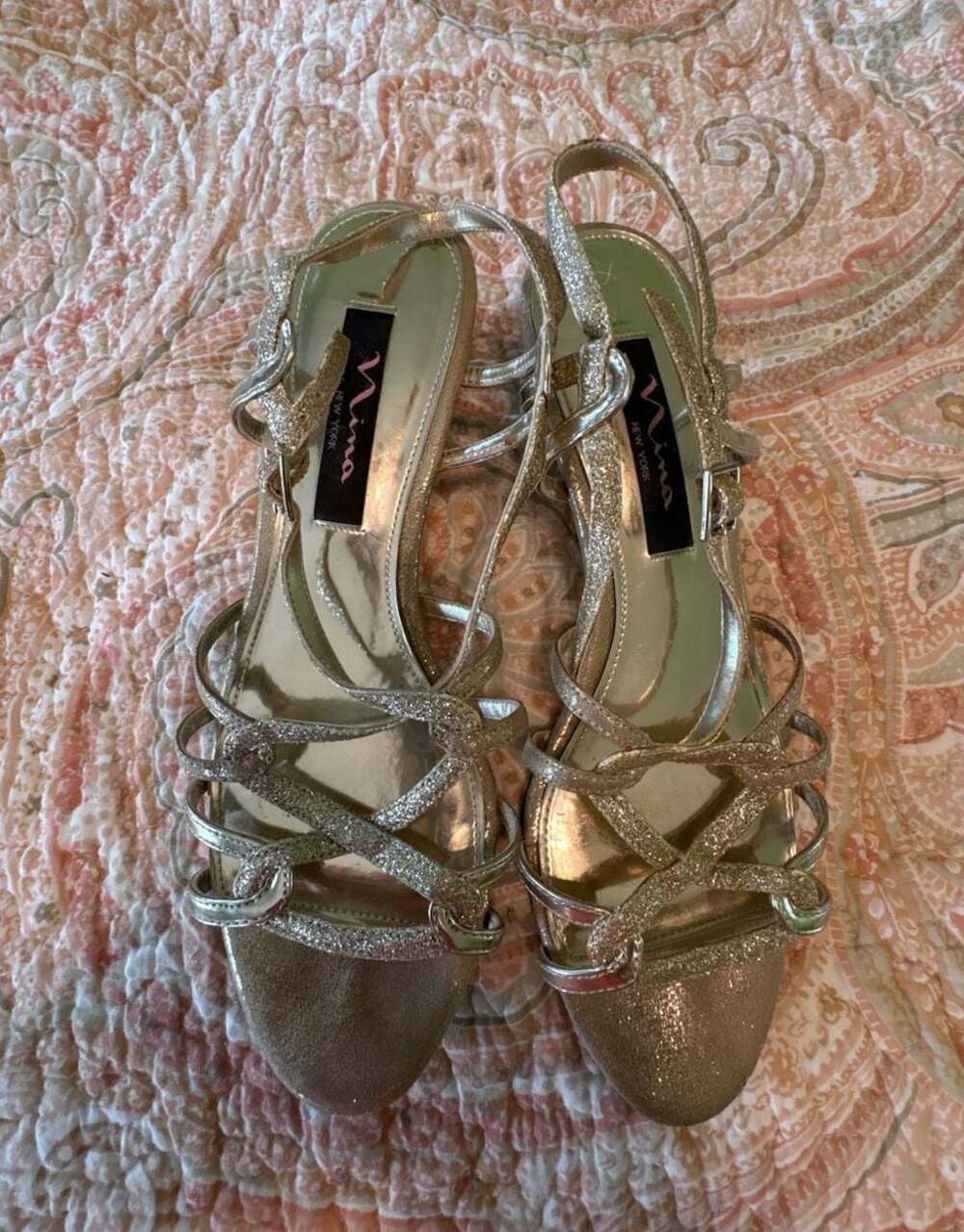 GUC Nina New York Women's Gold Glitter Strappy Low Wedge Sandals, 7